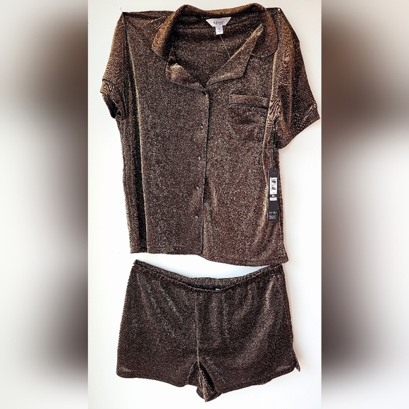 Nicole Miller Sparkle Bronze Pajamas Set Lounge Black Shorts size M - Picture 6 of 7